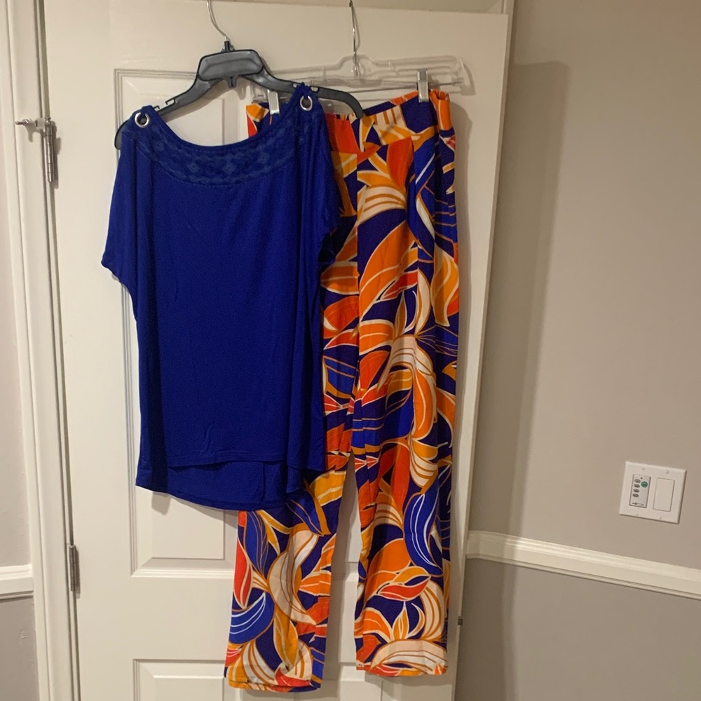 Vibrant blue top with Orange and Blue Women's Pants - full outfit